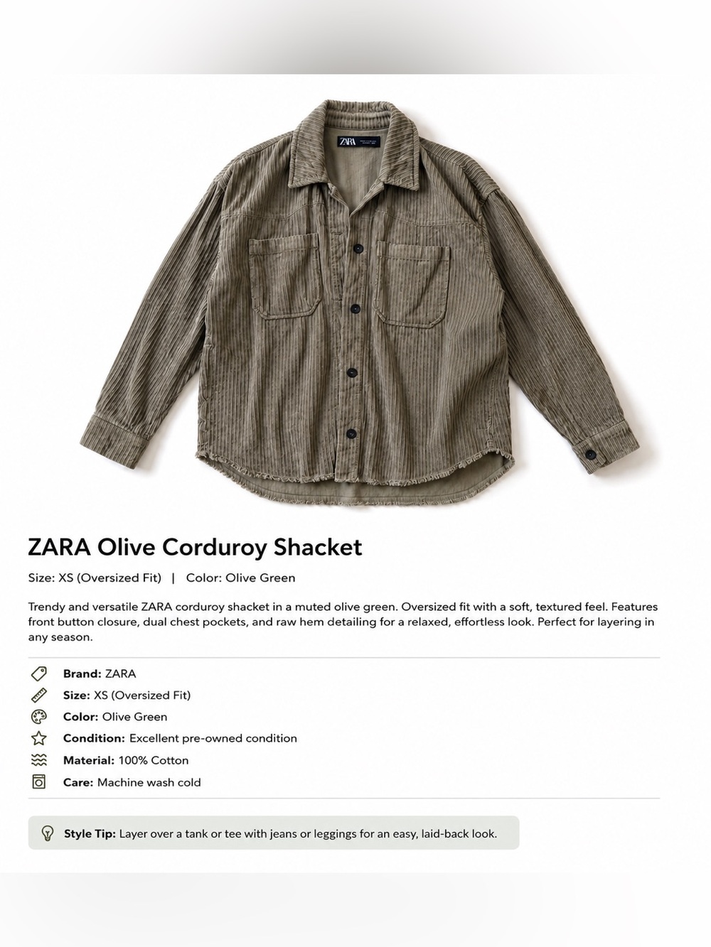 ZARA Olive Green Corduroy Shirt Jacket